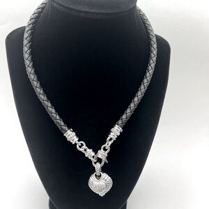 EUC Judith Ripka Leather Magnetic Cord Necklace with Diamonique Heart Pendant
